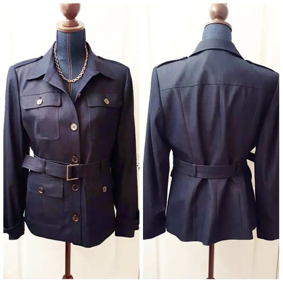 Calvin Klein Dark Blue Military-Style Belted Jacket - Picture 1 of 6